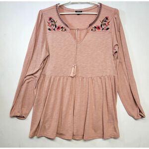 Torrid Tunic Top Womens 2X Pink Embroidered Floral Tassel V Neck Boho Earthy
